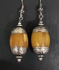 Amber Resin & Sterling Earrings Tribal Beads From Nepal Dangle Style 2” Vtg