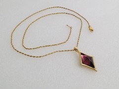 Vintage Gold Tone Simulated Amethyst Purple Glass Stone Pendant Necklace