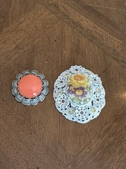 Vintage Western Germany Floral Enamel Brooch & Coral Tone Cabochon Brooch Lot!