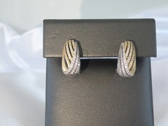 Vintage Sterling Silver 925 Gold Pave CZ Huggie Small Hoop Omega Earrings