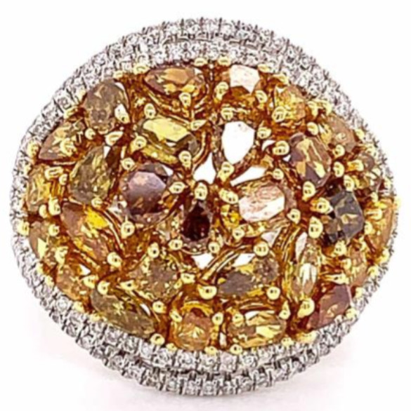EXTRA LARGE 3.88CT MULTI SHAPE MULTI COLOR DIAMOND 18KT 2 TONE GOLD CLUSTER RING