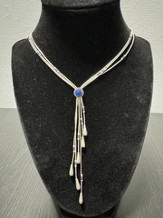 Vintage Liquid Silver Lapis Tassel Necklace Earrings set Stamped 925 Sterling