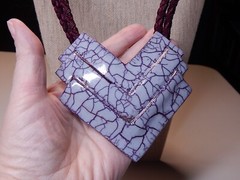 ONE OF A KIND NECKLACE, MCM Modern Art, 24″ Gray & Gold Crackle Enamel Geometric
