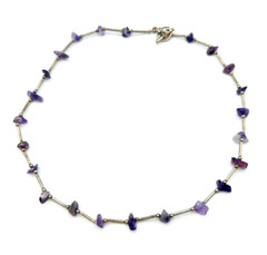 Vintage Purple Amethyst Chip Silver Tone Tube Bead Necklace 17 in