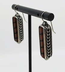 Vintage BEN-AMUN Modernist Silver Bar Dark Red Stripe Dangle Pierced Earrings