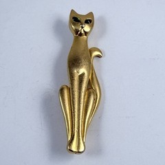 Vintage AJC Green Eyed Cat Brooch Matte Gold Tone Pin