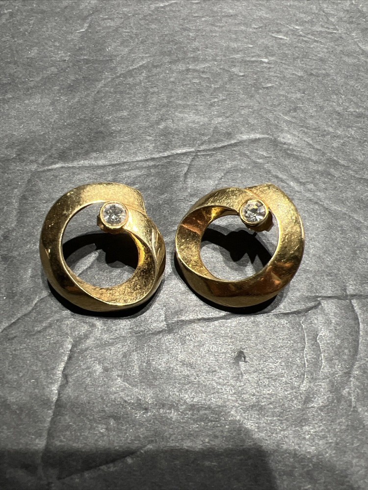 Vintage Gold Tone Pierced Earrings Shiny Round Swirl W/ Clear Rhinestone Accent