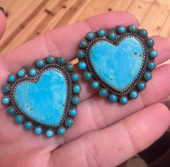 🩵 Vintage Turquoise Heart Earrings Sterling Native Zuni Style Cluster Halo OOAK