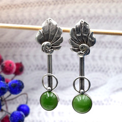 Soviet VTG old Ukraine earrings Sterling SILVER 925 stone green nephritis