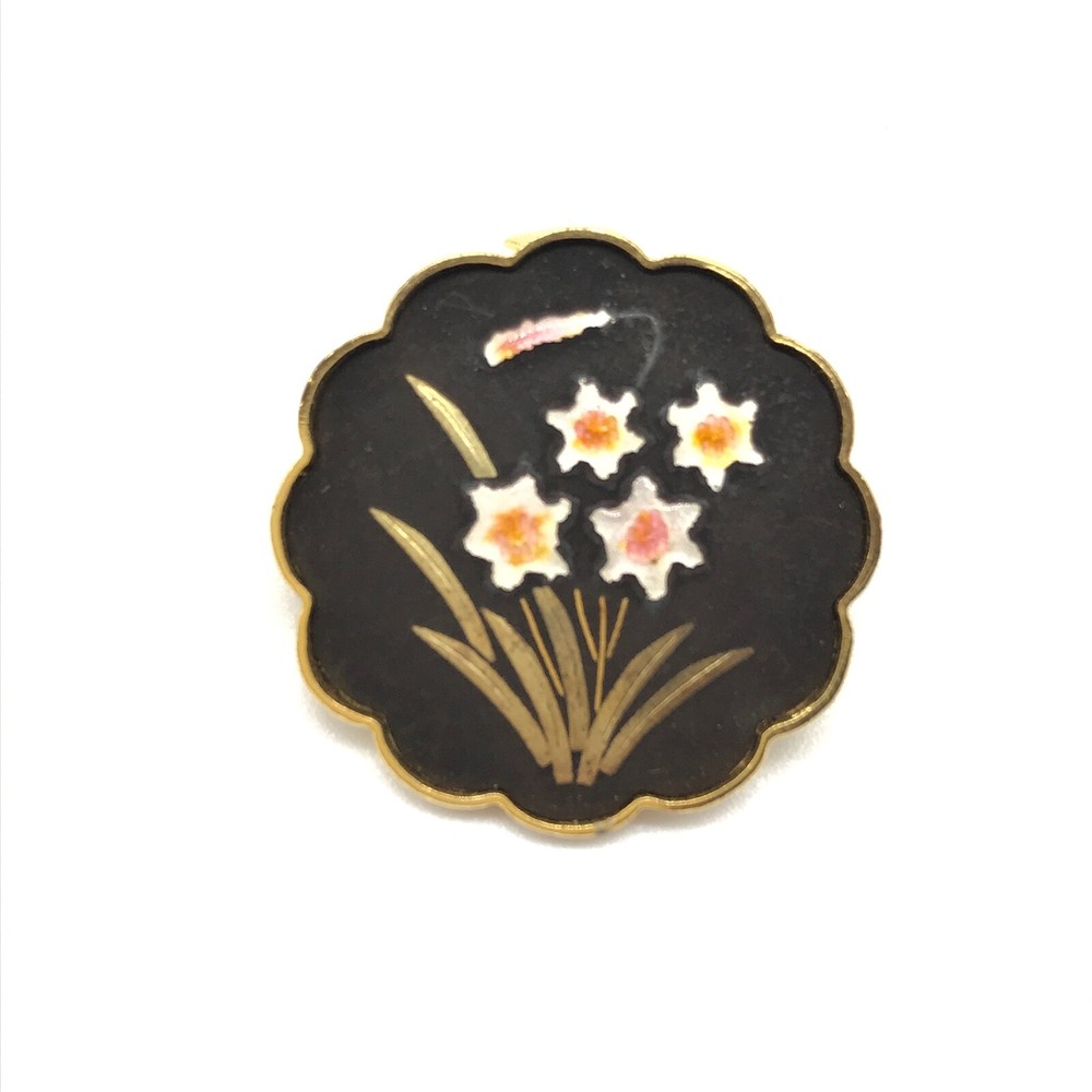 Vintage Flower Design Black Gold Tone Ladies Floral Brooch Pin Pendant