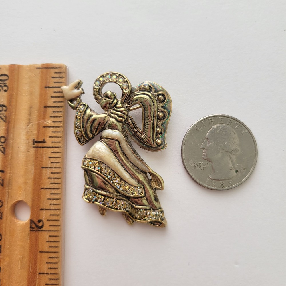 Vintage Signed AAI Angel Brooch Pin Enamel Rhinestone Dove 1 3/4″