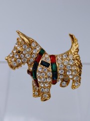 Vintage Scottie Terrier K.J.L I’m Clear Rhinestone Brooch Red Green Harness