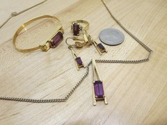 1976 Avon Gold Tone Faux Amethyst Purple Necklace Ear Ring & Bracelet Set