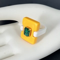 Modernist Lucite Ring Yellow Green Rhinestone Sz 7 Statement Chunky Post Modern