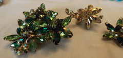 Vntg D&E Juliana Brooch Green Navettes,Rhinestones,Poured Stones Marked by Style