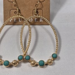 Plunder “Cara” Gold Tone Oval Hoop Earrings Twisted Wire Turquoise & Gold Beads