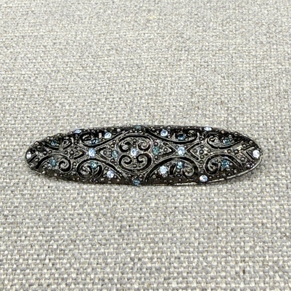 Vintage Brooch Marcasite and Blue Rhinestone Filigree