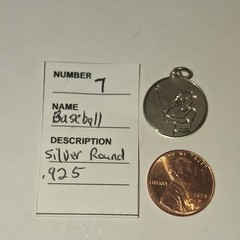 925 Sterling Silver Round Baseball Player Charm Pendant, Signed, No Stone