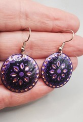 4 Pr. Vtg COPPER Artisian Earrings: Buddha Knot, Basket, Pink & Purple Enamel