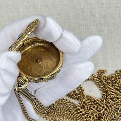 Vintage Goldette Trinket Locket Multi Strand Chain 30-42″ Blue Red Scrollwork