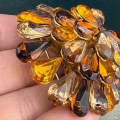 Vintage Rhinestone Brooch Orange Brown Gold Tone Layered Sparkle