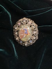 Vintage Porcelain Filigree Courting Couple Art Brooch and Earrings Set