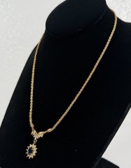 Roman Gold Tone Fancy Blue White Rhinestone Pendant 17.5” Necklace VTG