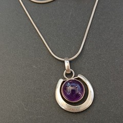 Sterling Silver Minimalist Necklace Modernist Solid Purple Stone Men Women VTG