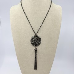 Vintage Gunmetal Gray Filigree Medallion Tassel Pendant Necklace