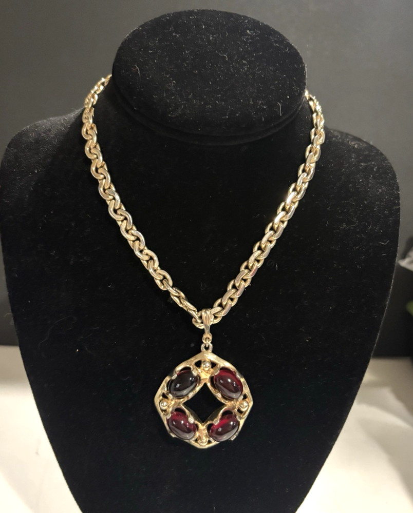 Vintage Barclay Necklace gold tone with hanging pendent w/ red bobbles