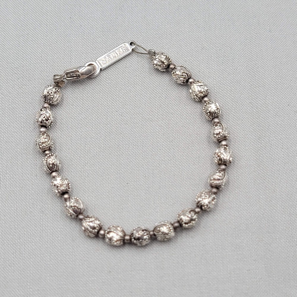 Vintage Napier Embossed Silver tone Bead Bracelet 6.75″
