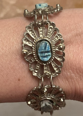 Vintage Egyptian Revival Turquoise Scarab Silver Filigree Bracelet/Earrings Set