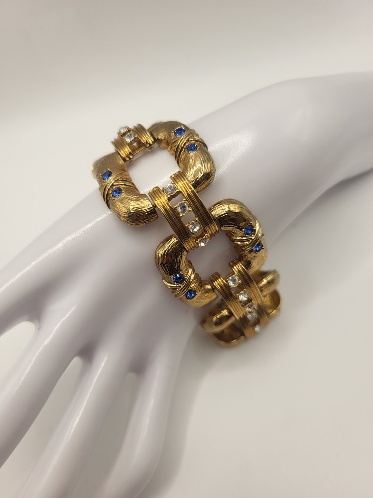 JBK Camrose Cross Blue Crystal Bracelet Gold Plated Bold Textured Open Links