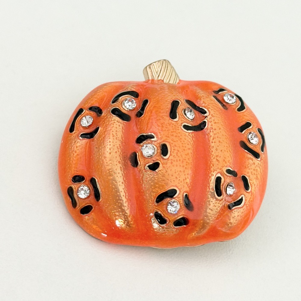 Ladies Orange Enamel Pumpkin Rhinestone Gold Tone Fall Autumn Brooch Pin