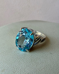 VINTAGE LARGE OVAL CUT BLUE TOPAZ SOLITAIRE RING 925 STERLING SILVER STATEMENT