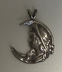 Vintage Sterling Silver Pendant with Girl’s Face Hat Crescent Moon Silhouette