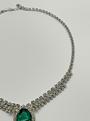 Vintage Emerald Green Glass & Clear Rhinestone Statement Necklace Silver Tone