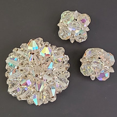 Aurora Borealis Glass Brooch Clip On Earrings Set Cluster Clear