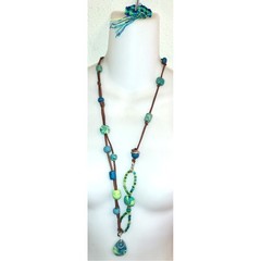 Boho Polymer Clay Green Blue Statement Necklace Earrings Bracelet Set Lot
