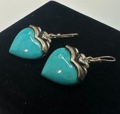 Heart Dangle Earrings Blue Stone Inlay Thailand Vintage Sterling Silver 925 #9