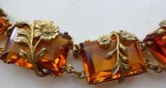 Antique Art Deco Amber Glass Link Floral Brass Bracelet Geometric Neiger Brother