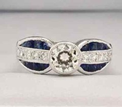 Art Deco Style Lab Created Diamond & Sapphire Engagement Ring 14K White Gold FN