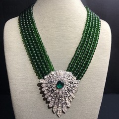 One Of A Kind Statement Necklace..Antique Dress Clip. Green Glass Beads (AS IS)