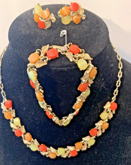 Vtg Thermoset Necklace Bracelet Earring Set Sherbet Melon Lucite Stone Gold Leaf