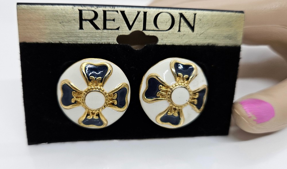 New Old Stock Vintage Revlon Pierced Earrings Blue White Enamel Floral Design 1″