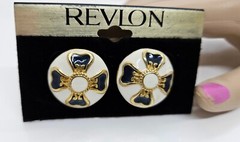 New Old Stock Vintage Revlon Pierced Earrings Blue White Enamel Floral Design 1″