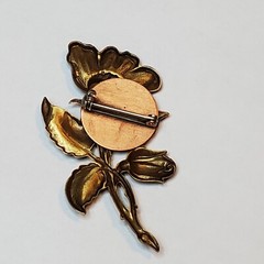Copper Metal Blue Flower Pin Blue Rhinestone 2.25 inch Estate Vintage 1950s