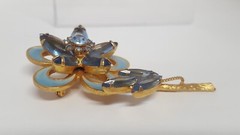 Vintage Blue Glass Rhinestone Enamel Flower Brooch Marquise Round Gold Tone Pin