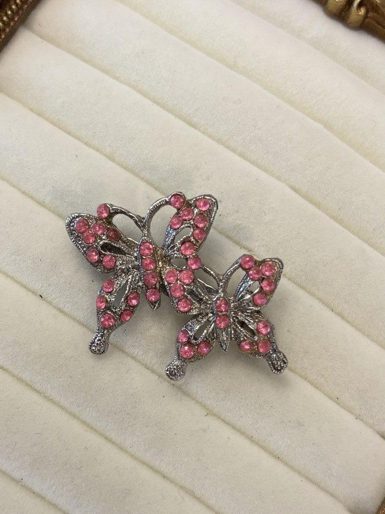 Barbie Pink Rhinestone Double Butterfly Silver Tone Brooch Cottagecore Garden