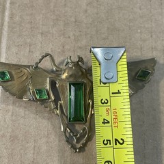 Art Nouveau Deco Egyptian Revival Winged Scarab Brass Green Stones Brooch Pin